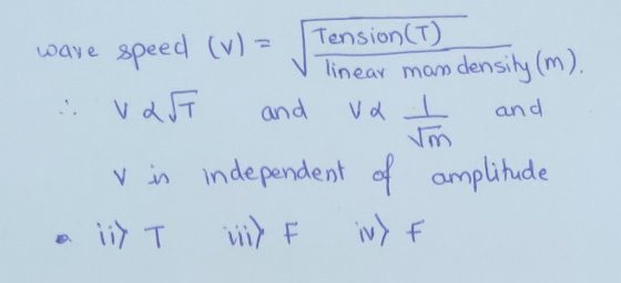 Wave speed (v): | Tension(T) inear mon densuity (m) dT and Vd and vin independent of aropuんde