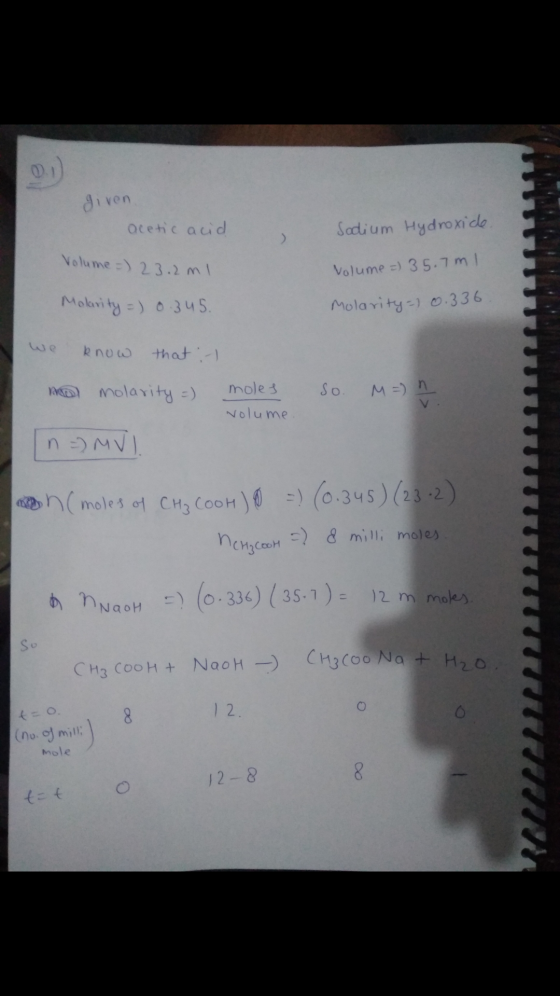 given acetic acid Sodium Hydroxide. Volume = 23.2ml Volume=) 35.7ml Molarity =) 0.345. Molarity=) 0.336 know that :-) no mola