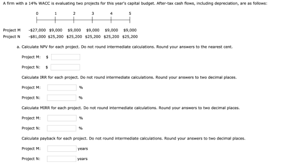 A firm with a 14% WACC is evaluating two projects for this years capital budget. After-tax cash flows, including depreciatio