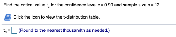 Find the critical value to for the confidence level c = 0.90 and sample size n= 12. Click the icon to view the t-distribution