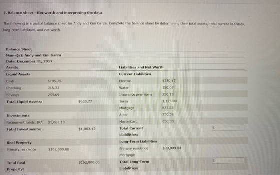 2. Balance sheet - Net worth and interpreting the data The following is a partial balance sheet for Andy and Kim Garza. Compl
