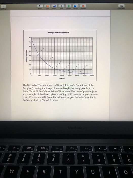 1- Insert l Chart T Text Table Shape Media Comment Decay Curve for Carbon-14 The Shroud of Turin is a piece of linen (cloth m