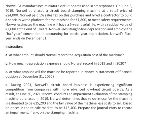 Norwel SA manufactures miniature circuit boards used in smartphones. On June 5, 2019, Norwel purchased a circuit board stampi
