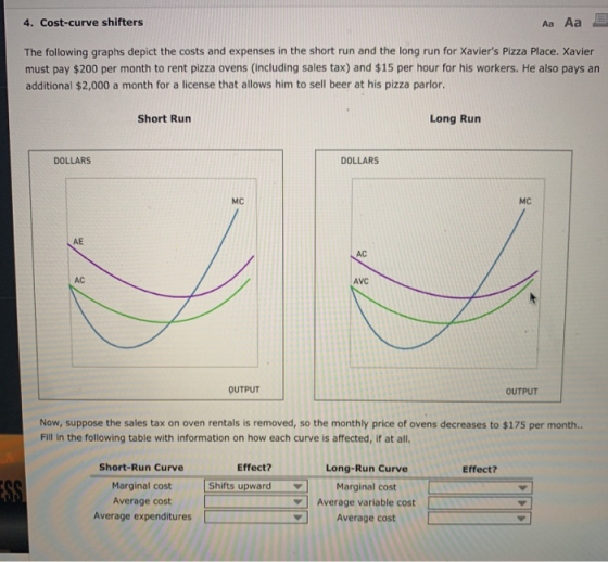 4. Cost-curve shifters Aa Aa E The following graphs depict the costs and expenses in the short run and the long run for Xavie