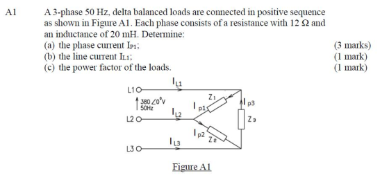 A1 A 3-phase 50 Hz, delta balanced loads are connected in positive sequence as shown in Figure Al. Each phase consists of a r