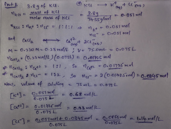 = 3.89 74.559/mol = 0.051 mot I Part B 3.89 of kl. ku - Kto & cu car) nka= mass of ku molar mass of kel - - 74.5g/mol = 0 tau