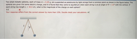 Two small metallic spheres, each of mass m-0.25 g, are suspended as pendulums by light strings from a common point as shown in the figure below. The spheres are given the same electric charge, and it is found that they come to equilibrium when each string is at an angle f 6 3.5 with the vertical. If each string has length L = 34.0 cm, what is the magnitude of the charge on each sphere? 6.5 Your response differs from the correct answer by more than 10%. Double check your calculations. nc