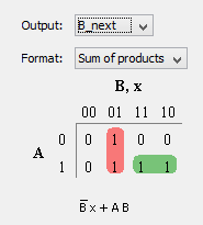 Output: B_next Format: Sum of products B, X 00 01 11 10 0 0 1 0 0 1 o 1 1 1 BX+AB