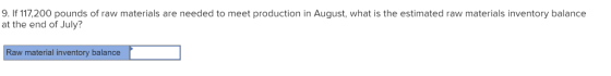 9. If 117,200 pounds of raw materials are needed to meet production in August, what is the estimated raw materials inventory