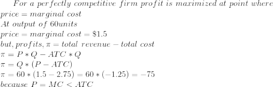 For a perfectly competitive firm profit is maximized at point where price = marginal cost At output of 60units price = margin