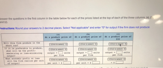 Answer the questions in the first column in the table below for each of the prices listed at the top of each of the three col