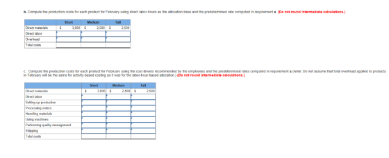 b. Compute the production costs for each product for February using direct labor-hours as the allocation base and the predete