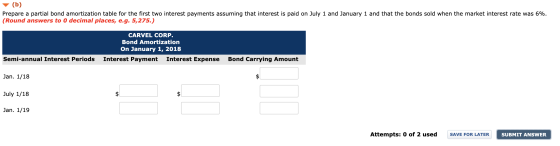 (b) Prepare a partial bond amortization table for the first two interest payments assuming that interest is paid on July 1 an