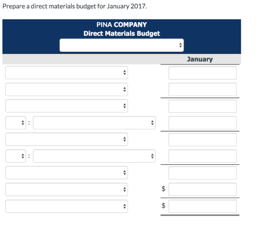 Prepare a direct materials budget for January 2017. PINA COMPANY Direct Materials Budget January A A