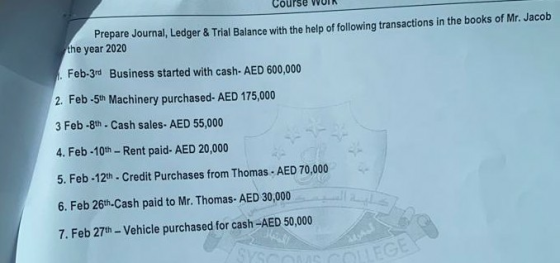 Course WUIK Prepare Journal, Ledger & Trial Balance with the help of following transactions in the books of Mr. Jacob the yea