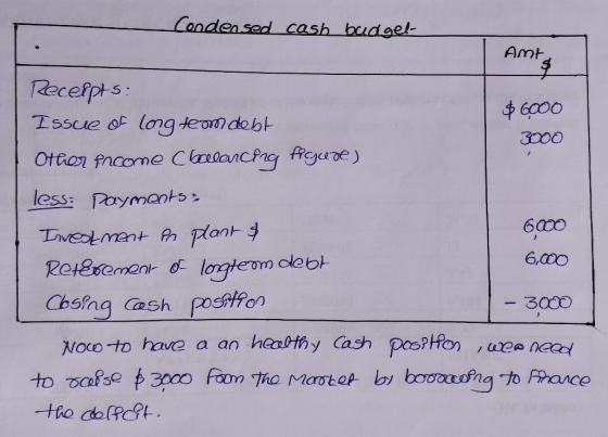 Condensed cash budget Amt & Receipts: Issue of long teamdebt $ 6000 3000 Other income challancing figude) less: Payments Inve