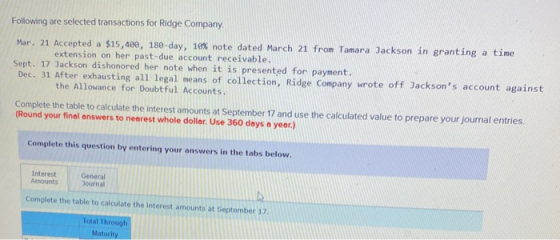 Following are selected transactions for Ridge Company, Mar. 21 Accepted a $15,400, 180-day, 10% note dated March 21 from Tama