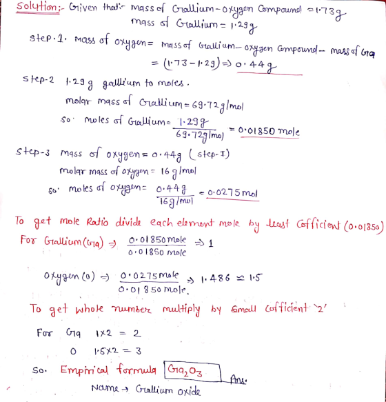 Solution ;- Given thaedia mass of Grallium-oxygen Compowned =1739 - mass of Grallium = 1:29g step.ti mass of oxygen= mass of