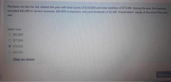 Plumbers-on-the-Go Ltd. started the year with total assets of $120,000 and total liabilities of $75,000. During the year, the