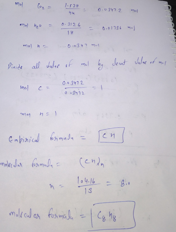 mol mol con= 1.528 1.528 yu 0.03472 mar ۔ 0.03472 ma o ho = 0.3126 1 - = 0.01so 0.01736 mol ] ۔۔۔۔ mol ha 0.0347 mi Divide al
