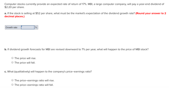 Computer stocks currently provide an expected rate of return of 17%. MBI, a large computer company, will pay a year-end divid