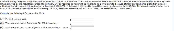 Sheffield Mining Company purchased land on February 1, 2020, at a cost of $1,150,300. It estimated that a total of 54,600 ton
