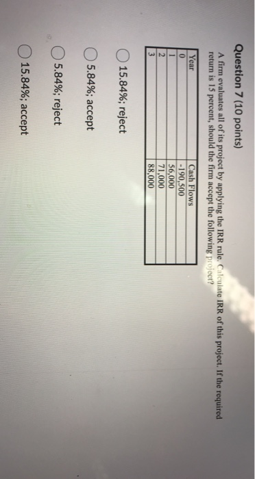Question 7 (10 points) A firm evaluates all of its project by applying the IRR rule. Calculate IRR of this project. If the re