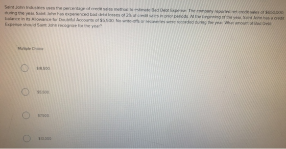 Saint John Industries uses the percentage of credit sales method to estimate Bad Debt Expense. The company reported net credi