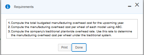 0 Requirements - X 1. Compute the total budgeted manufacturing overhead cost for the upcoming year, 2. Compute the manufactur