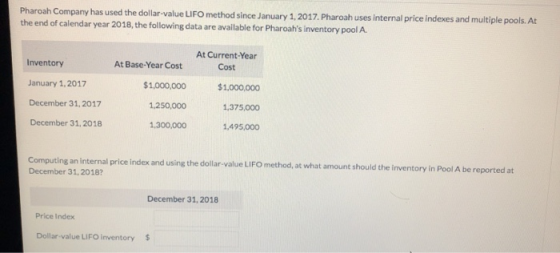 Pharoah Company has used the dollar-value LIFO method since January 1, 2017. Pharoah uses internal price indexes and multiple