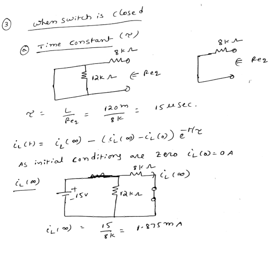 when switch is closed @ time constant (ro) 8 kr 8kr mo 1 € Req mo Закле (2 е- _ o - o .8k 2= = 120m = isusec. į (t) = (į (0)