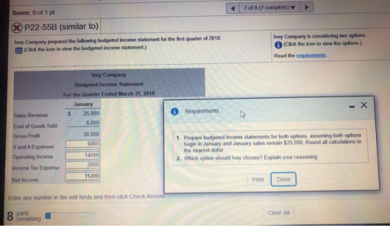7 of 8 (1 complete) Score: 0 of 1 pt ⓇP22-55B (similar to) Ivey Company prepared the following budgeted income statement for