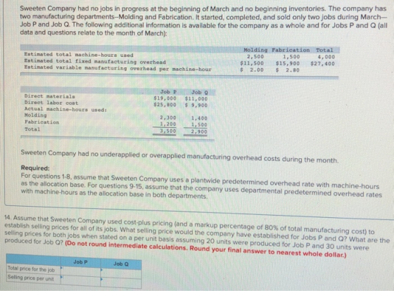Sweeten Company had no jobs in progress at the beginning of March and no beginning inventories. The company has two manufactu
