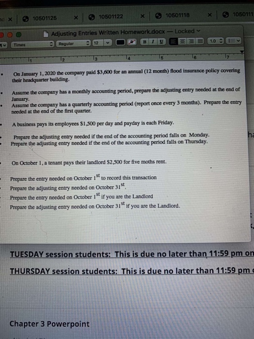 10501122 X 10501118 X 31050111 10501125 10 x Adjusting Entries Written Homework.docx - Locked • Regular 12 Times 17 12 On Jan