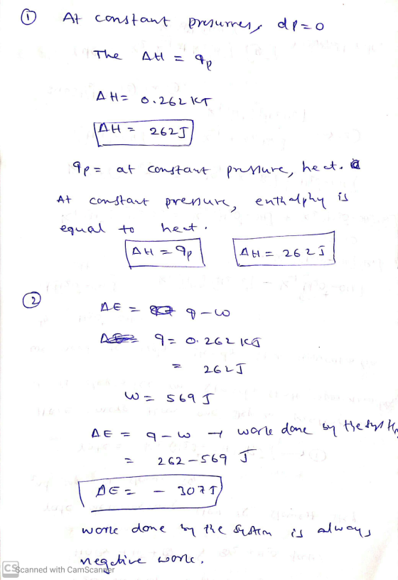 0 At constant presurres, dp=0 The AH = 4o A H= 0.262kT AH = 2625 9 p= at constant pressure, he At constant pressure, enthalph