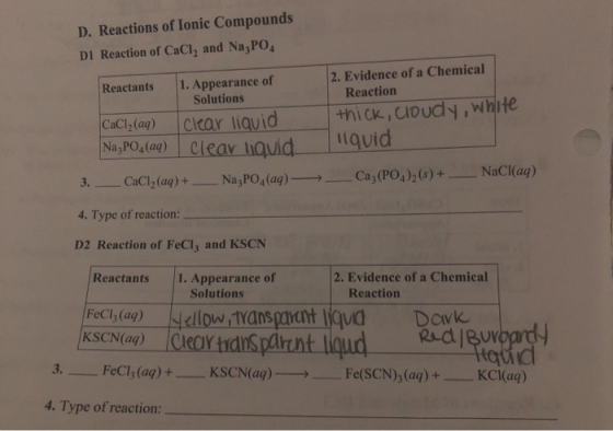 D.Reactions of Ionic Compounds DI Reaction of CaCl2 and Na,PO 2. Evidence of a Chemical Reaction 1. Appearance of Solutions R