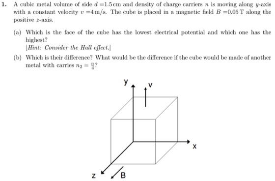A cubic metal volume of side d =1.5? and density of charge carriers n is moving along y-axis with a constant velocity u =4 m/s. The cube is placed in a magnetic field B-0.05 T along the positive z-axis. (a) Which is the face of the cube has the lowest electrical potential and which one has the highest? Hint: Consider the Hall effect. (b) Which is their difference? What would be the difference if the cube would be made of another metal with carries n2-