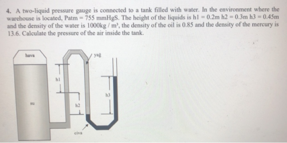 4. A two-liquid pressure gauge is connected to a tank filled with water. In the environment where the warehouse is located, P