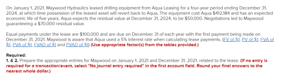 On January 1, 2021, Maywood Hydraulics leased drilling equipment from Aqua Leasing for a four-year period ending December 31,