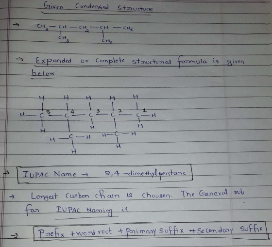 Given Condensed stauctune CHICH CH CH CH3 CH3 CH or Complete stnuctual fomula is given ExPanded below H H C H 2,4-dimethyl pe