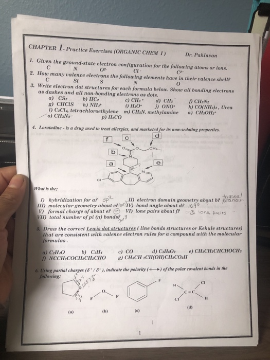 CHAPTER 1-Practice Exercises (ORGANIC CHEM I) Dr. Pahlavan 1. Given the ground-state electron configuration for the following