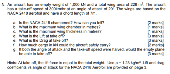 3. An aircraft has an empty weight of 1,000 kN and a total wing area of 226 m2. The aircraft has a take-off speed of 300km/hr