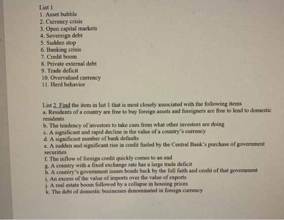 List 1 1. Asset bubble 2. Currency crisis 3. Open capital markets 4. Sovereign debt 5. Sudden stop 6. Banking crisis 7. Credi