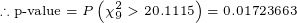\tiny \therefore \text{p-value}=P\left(\chi^2_{9}>20.1115\right)=0.01723663