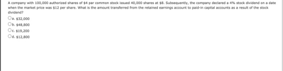A company with 100,000 authorized shares of $4 par common stock issued 40,000 shares at $8. Subsequently, the company declare