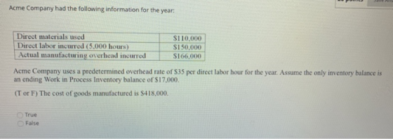 Acme Company had the following information for the year: Direct materials used Direct labor incurred (5.000 hours) Actual man