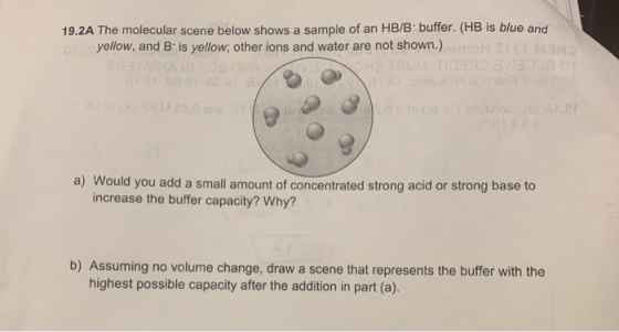 19.2A The molecular scene below shows a sample of an HB/B buffer. (HB is blue and yellow, and B is yellow, other ions and wat