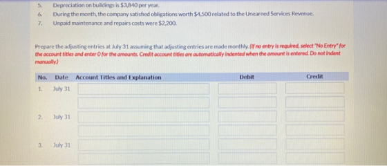5. 6. 7. Depreciation on buildings is $3,840 per year. During the month, the company satisfied obligations worth $4,500 relat