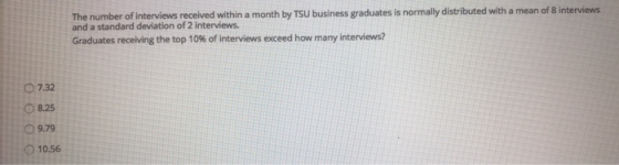 The number of interviews received within a month by TSU business graduates is normally distributed with a mean of 8 interview
