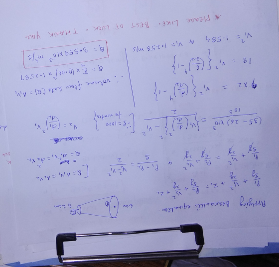 Beanaullis equabion V2 P,-P2 Q= A,V, = A, Vz %3D %3D Q= d;v, = d2 X2 (35- 26) X10 3. fo wates 9X2 %3D volune flow Aate (a) =